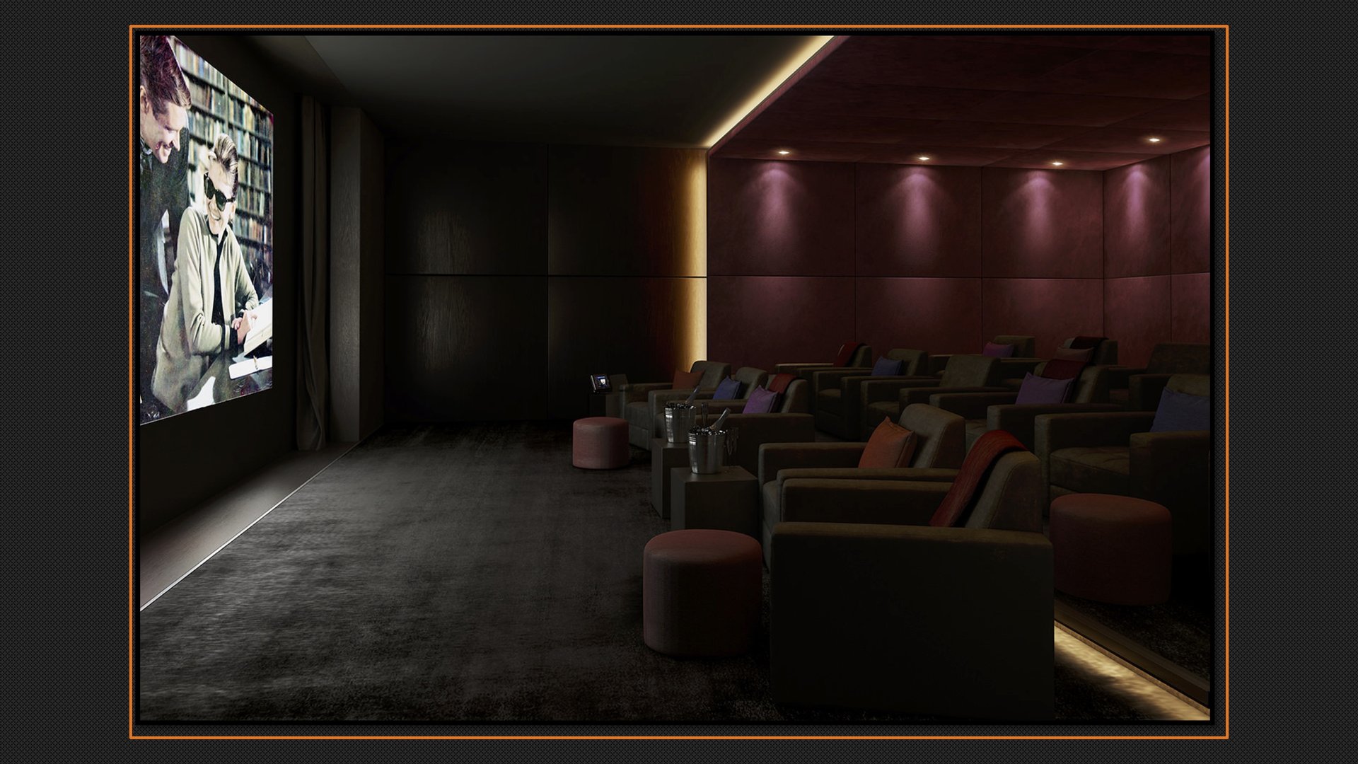 Sala cinema privata AkuTek, poltrone e schermo su misura