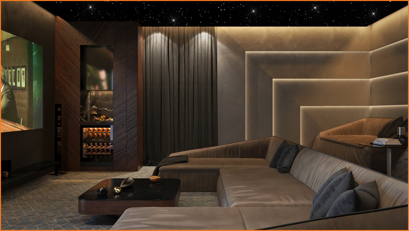 Home cinema lounge con cantinetta vini e soffitto stellato