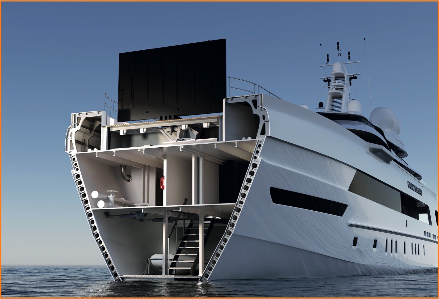 Sezione tecnica della prua di uno yacht con schermo integrato in coperta